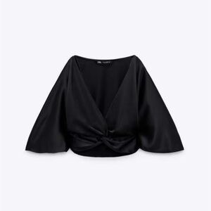 ZARA BLACK SATIN KNOTTED CROPPED TOP